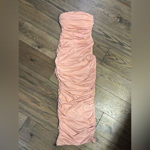 Pink ruched midi dress